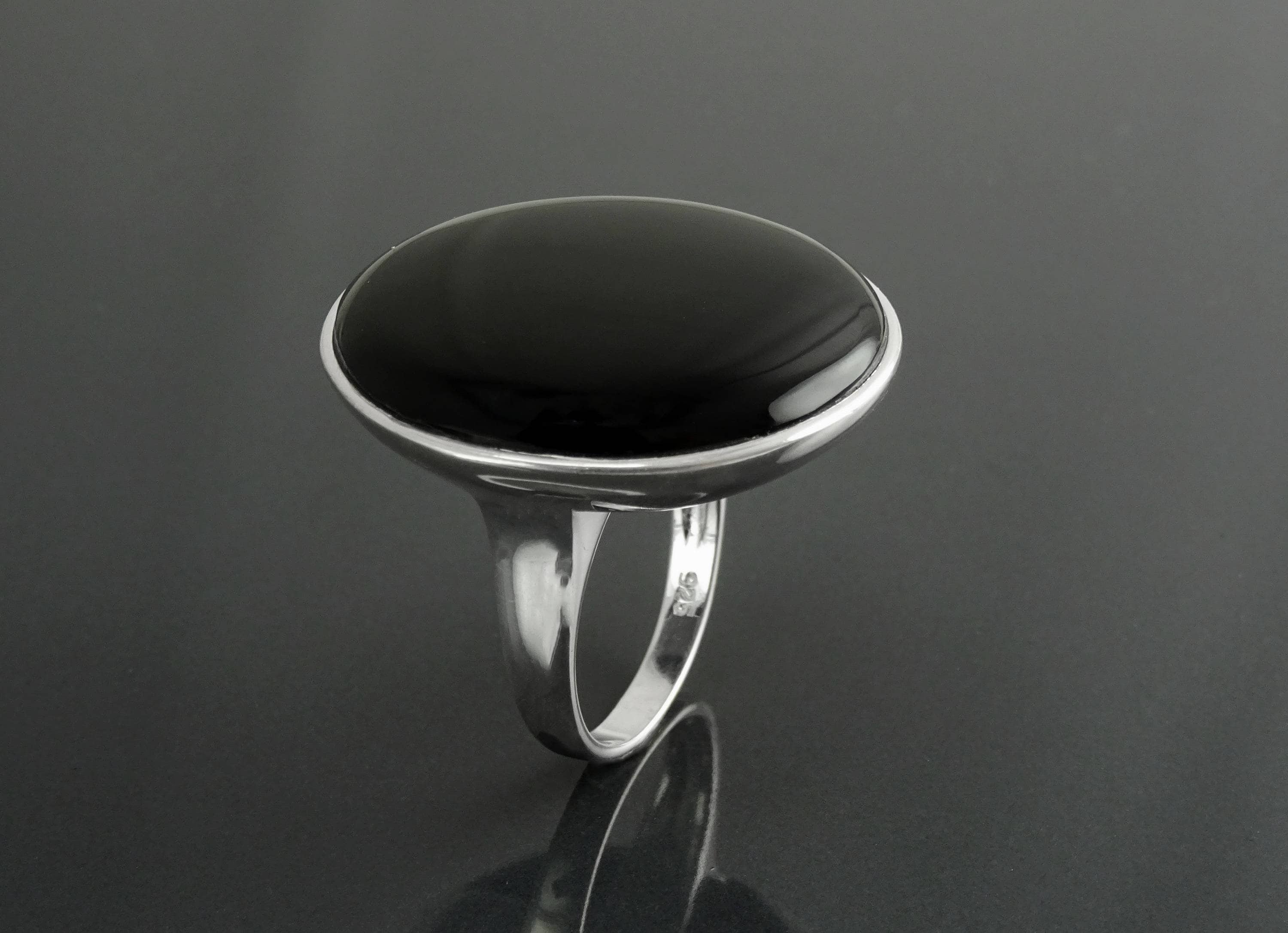 Round Black Ring, Sterling Silver, Statement Onyx Disc Gemstone, Modern Minimalist Jewelry, Rounded Flat Stone Ring, Unique Designer Ring
