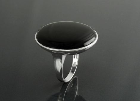 Round Black Ring, Sterling Silver, Statement Onyx Disc Gemstone, Modern Minimalist Jewelry, Rounded Flat Stone Ring, Unique Designer Ring