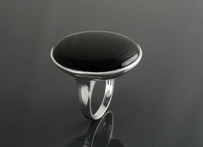 Round Black Ring, Sterling Silver, Statement Onyx Disc Gemstone, Modern Minimalist Jewelry, Rounded Flat Stone Ring, Unique Designer Ring