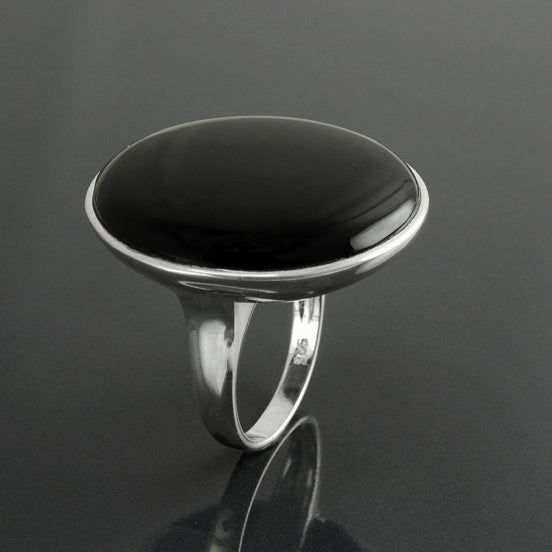 Round Black Ring, Sterling Silver, Statement Onyx Disc Gemstone, Modern Minimalist Jewelry, Rounded Flat Stone Ring, Unique Designer Ring
