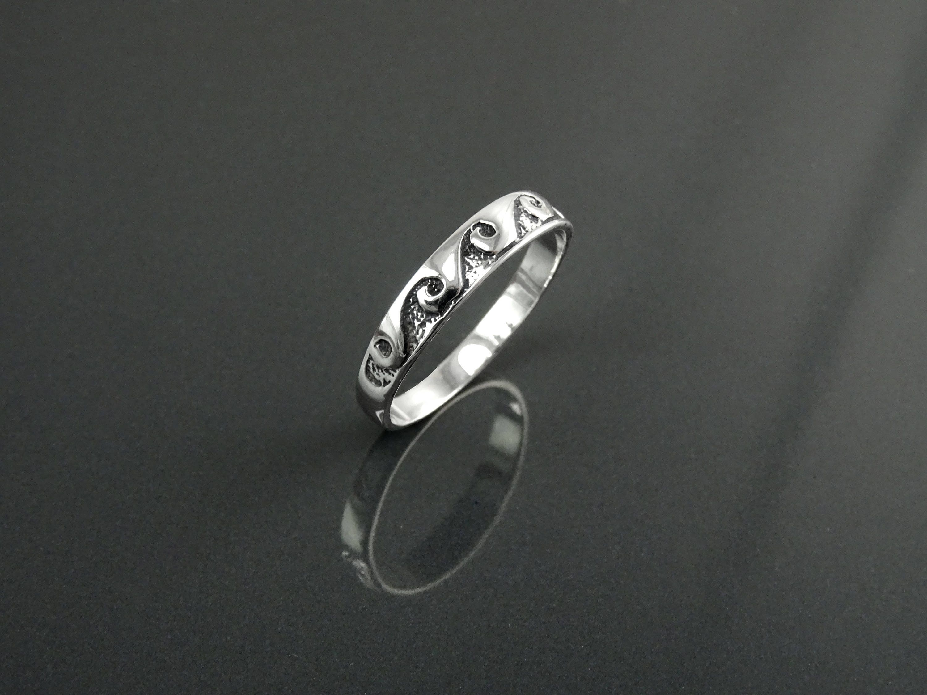 Ocean Wave Ring, Sterling Silver, Casual Beach Band, Carved Waves Pattern, Dainty Surfer Ring, Unique Ocean Jewelry, Hawaii Tribal Jewelry