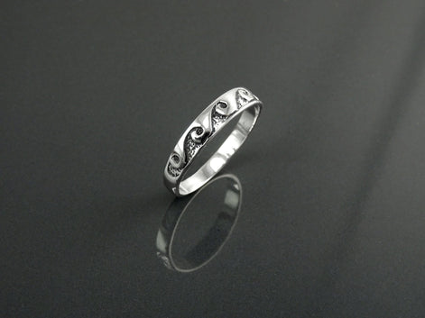 Ocean Wave Ring, Sterling Silver, Casual Beach Band, Carved Waves Pattern, Dainty Surfer Ring, Unique Ocean Jewelry, Hawaii Tribal Jewelry