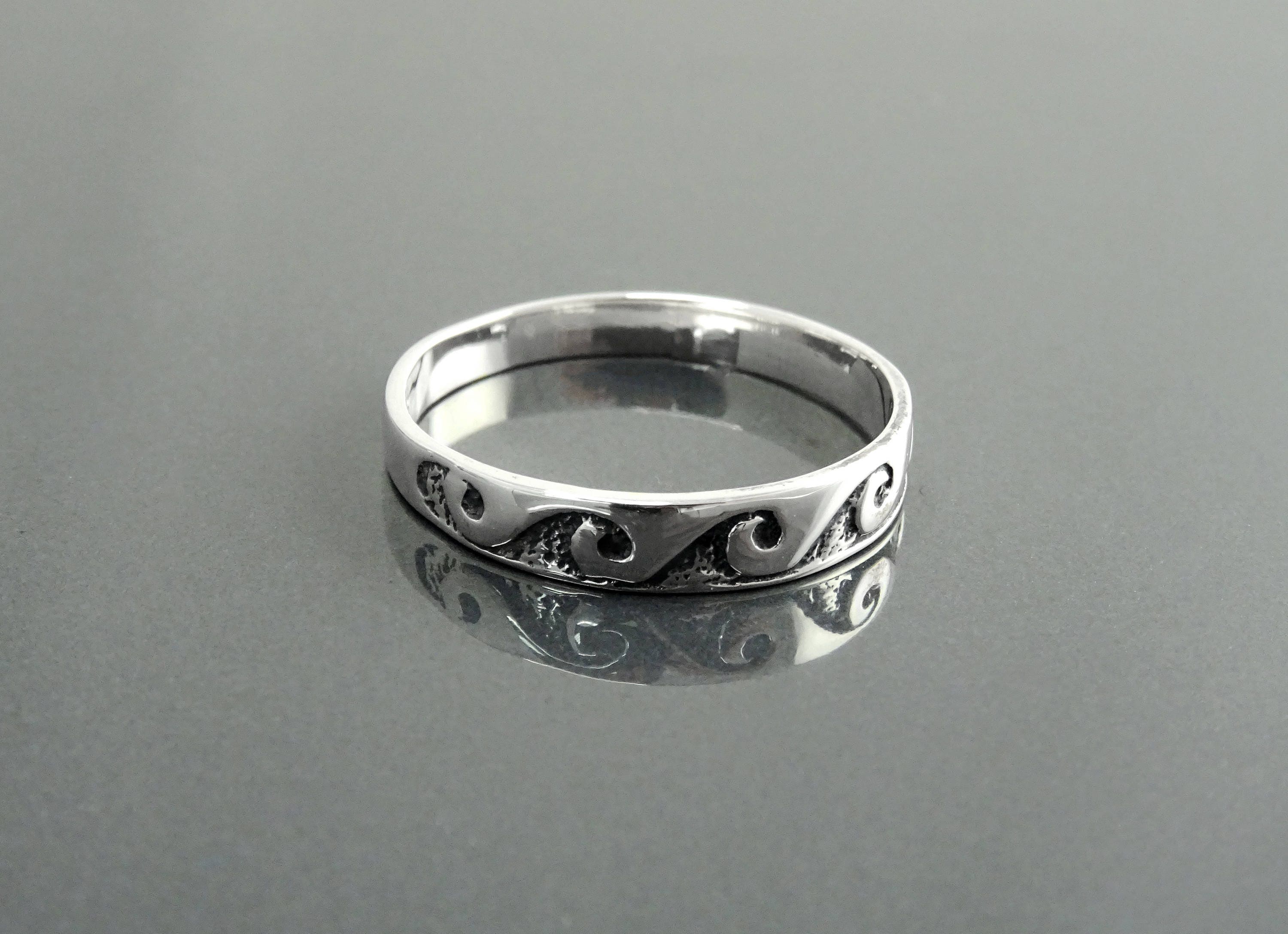 Ocean Wave Ring, Sterling Silver, Casual Beach Band, Carved Waves Pattern, Dainty Surfer Ring, Unique Ocean Jewelry, Hawaii Tribal Jewelry