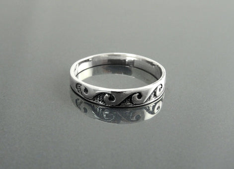 Ocean Wave Ring, Sterling Silver, Casual Beach Band, Carved Waves Pattern, Dainty Surfer Ring, Unique Ocean Jewelry, Hawaii Tribal Jewelry