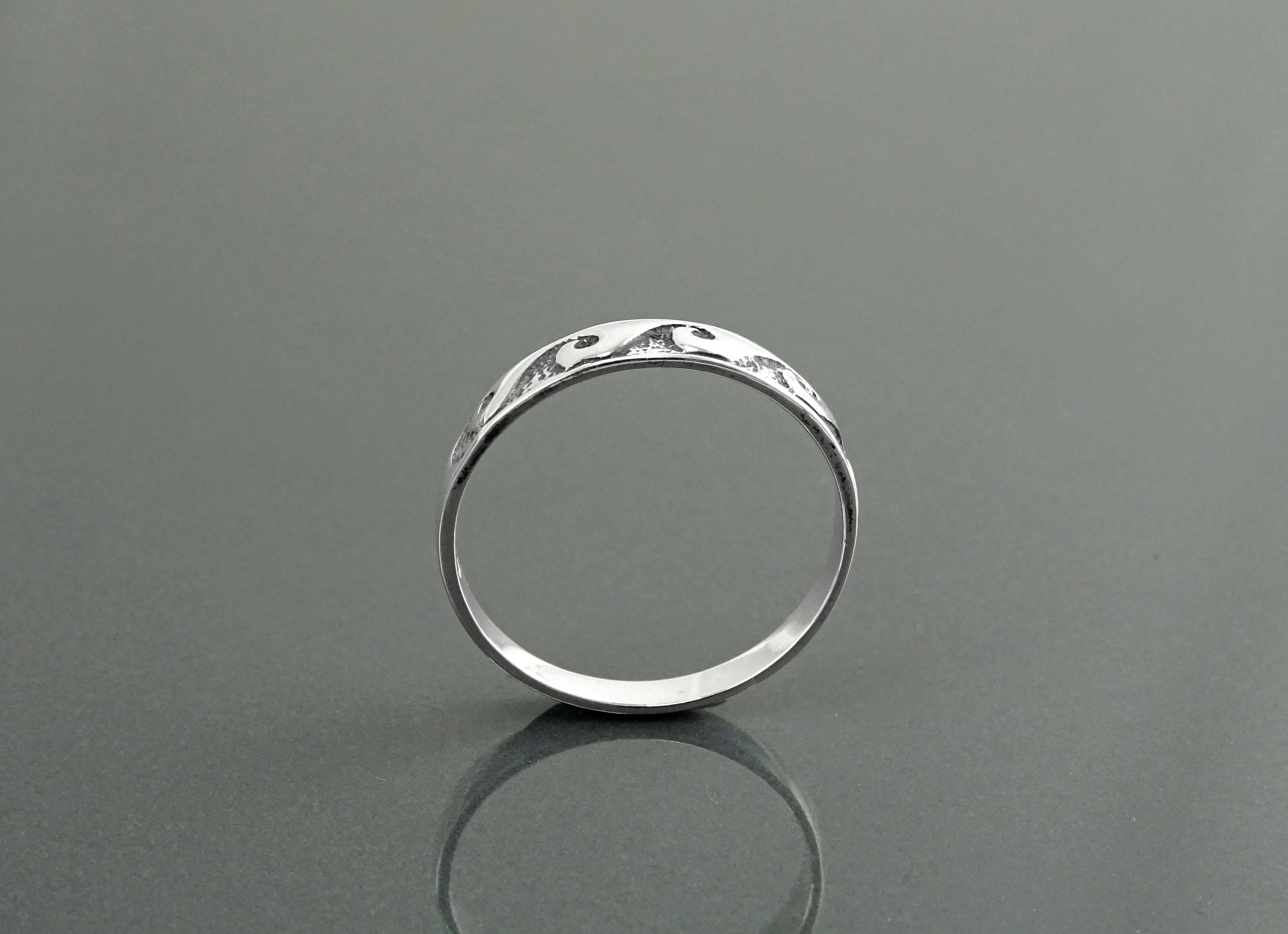 Ocean Wave Ring, Sterling Silver, Casual Beach Band, Carved Waves Pattern, Dainty Surfer Ring, Unique Ocean Jewelry, Hawaii Tribal Jewelry