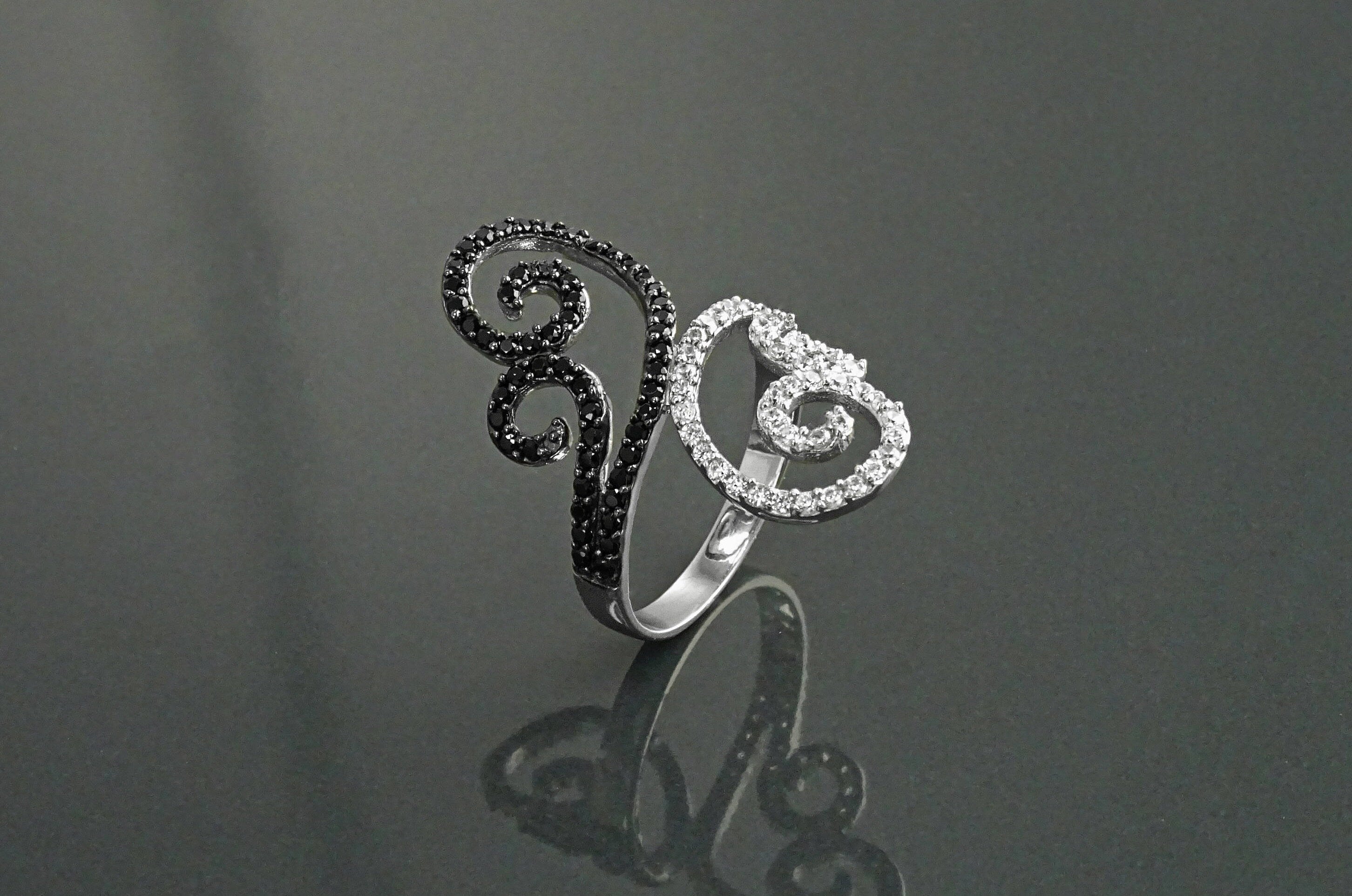 Art Deco Sterling Silver Spirals Ring, Black White CZ Spirals Cocktail Statement Jewelry
