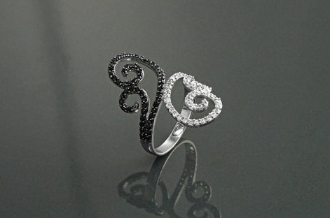 Art Deco Sterling Silver Spirals Ring, Black White CZ Spirals Cocktail Statement Jewelry