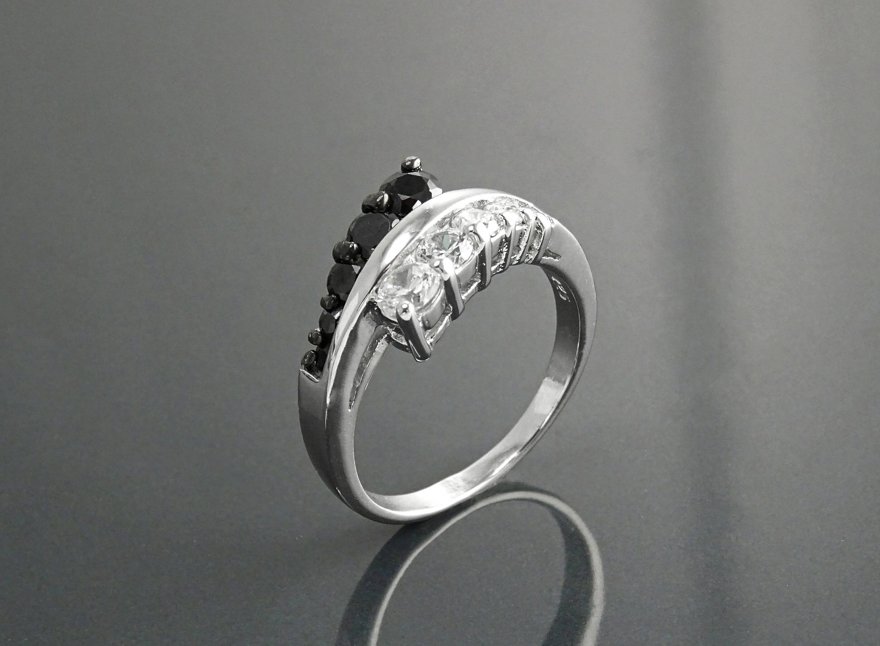 Sterling Silver Cross Ring, Black White CZ Stones, Bi-color Bypass Cocktail Ring