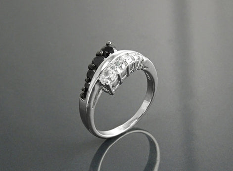 Sterling Silver Cross Ring, Black White CZ Stones, Bi-color Bypass Cocktail Ring