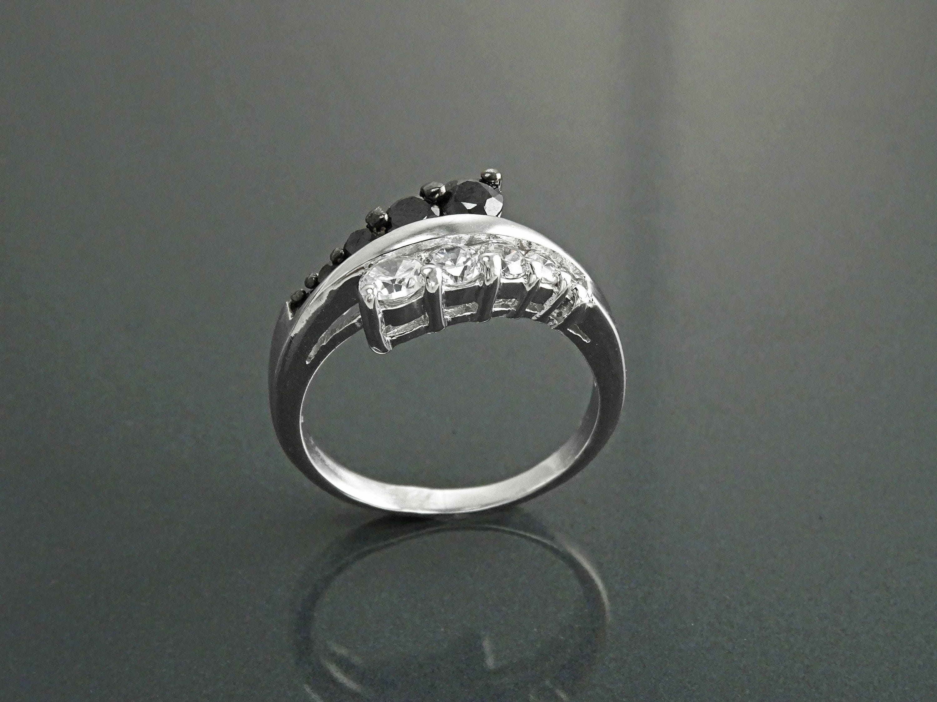 Sterling Silver Cross Ring, Black White CZ Stones, Bi-color Bypass Cocktail Ring