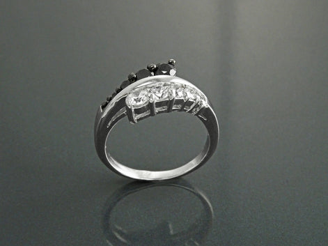 Sterling Silver Cross Ring, Black White CZ Stones, Bi-color Bypass Cocktail Ring