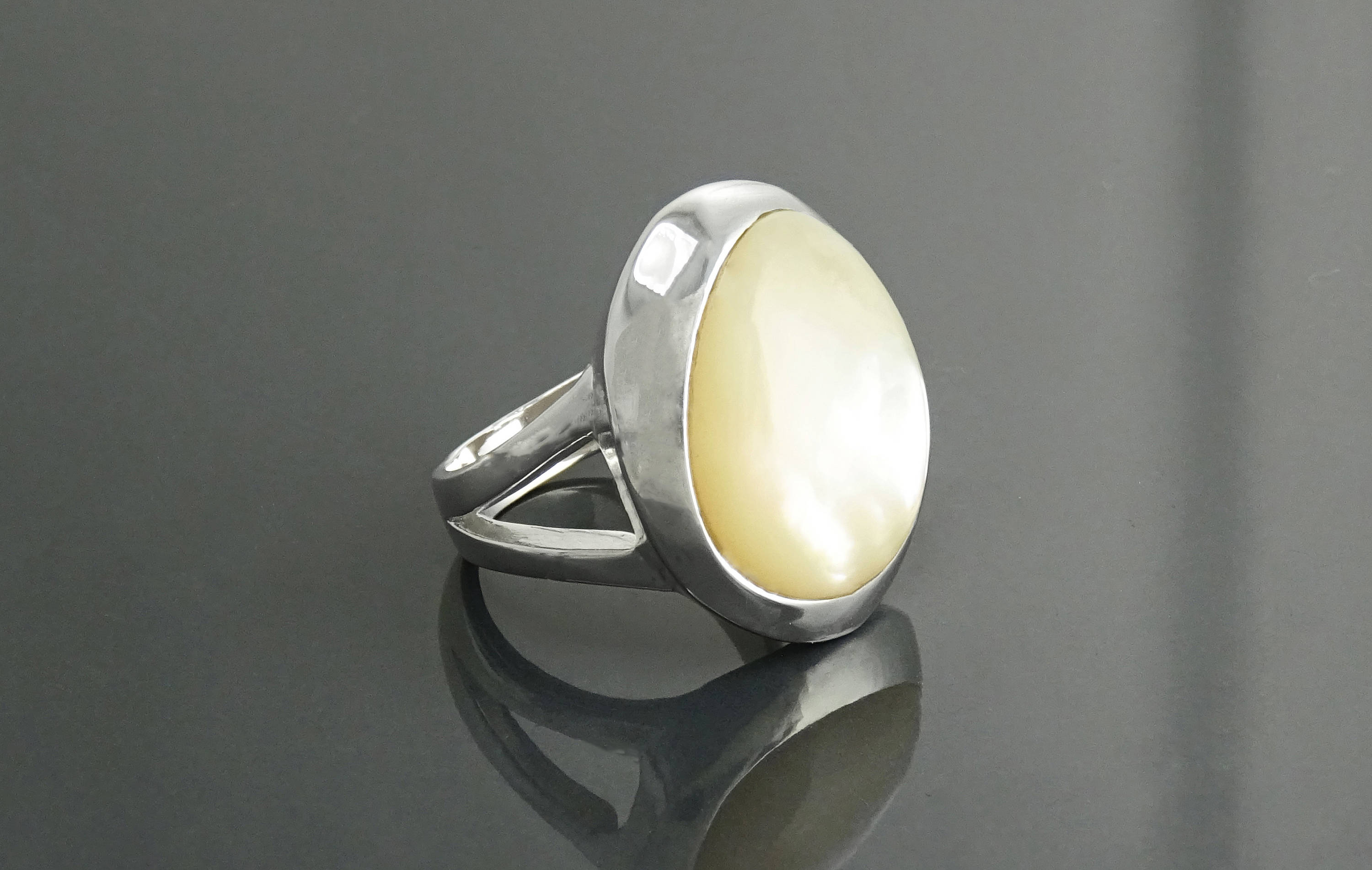 Sterling Silver Ring, White Mother of Pearl, Modern Designer Minimalist Jewelry