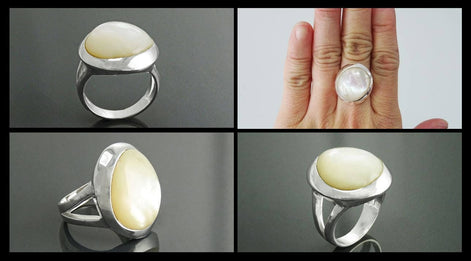 Sterling Silver Ring, White Mother of Pearl, Modern Designer Minimalist Jewelry