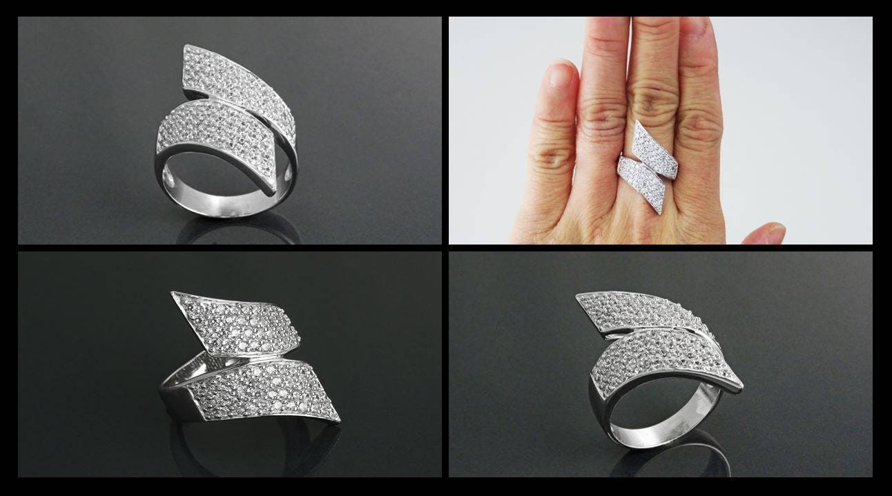 Sterling Silver Bypass Ring, Pave White CZ Stones, Bold Statement Band