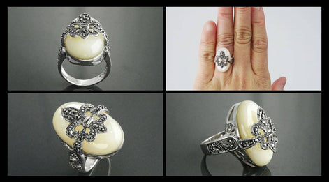 Sterling Silver Fleur de Lys Ring, Marcasite Mother of Pearl, French Vintage Jewelry