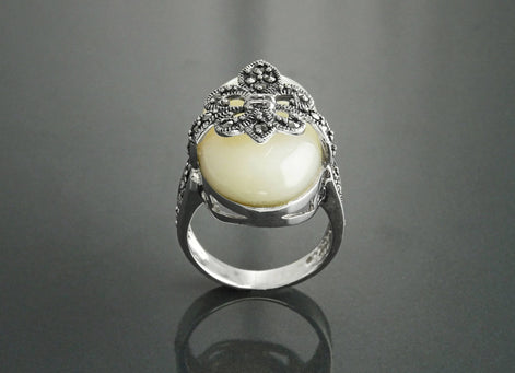 Sterling Silver Fleur de Lys Ring, Marcasite Mother of Pearl, French Vintage Jewelry