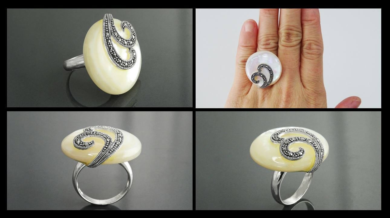 Art Deco Marcasite Ring, Sterling Silver, Mother of Pearl, Retro Inspired Jewelry