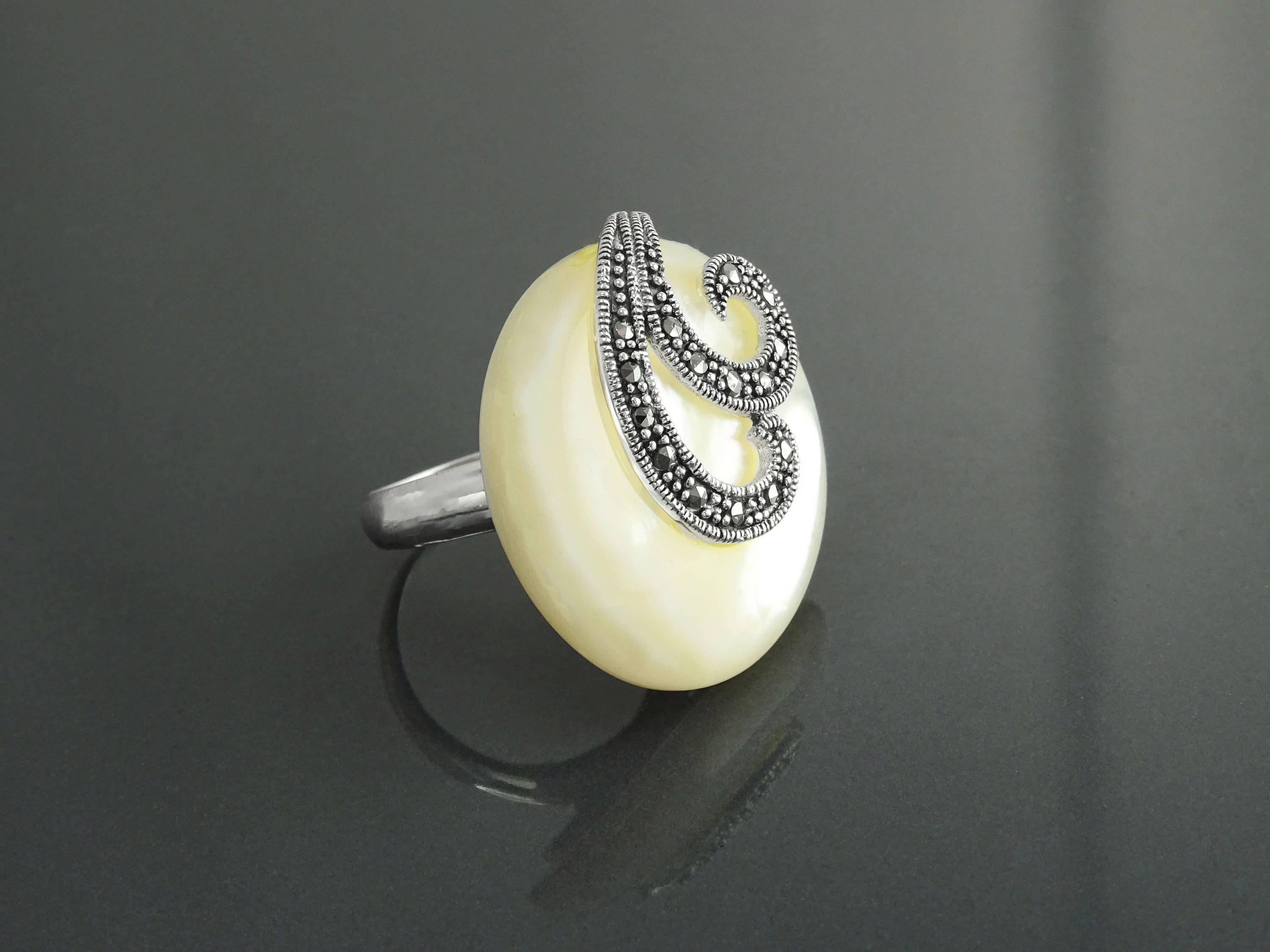 Art Deco Marcasite Ring, Sterling Silver, Mother of Pearl, Retro Inspired Jewelry