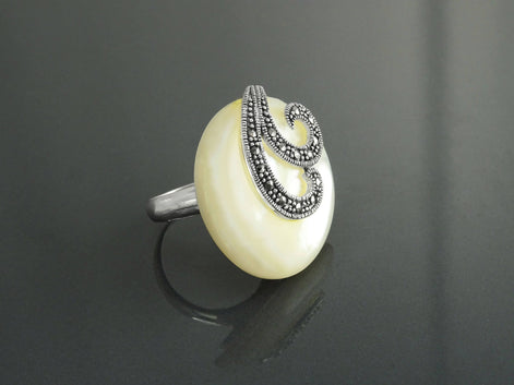 Art Deco Marcasite Ring, Sterling Silver, Mother of Pearl, Retro Inspired Jewelry