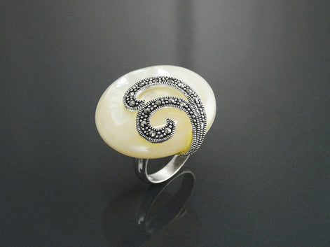 Art Deco Marcasite Ring, Sterling Silver, Mother of Pearl, Retro Inspired Jewelry