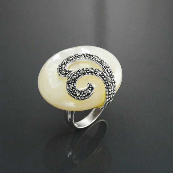 Art Deco Marcasite Ring, Sterling Silver, Mother of Pearl, Retro Inspired Jewelry