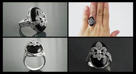 Fleur de Lys Ring, Silver 925, Marcasite Ring, Real Black Onyx, French Vintage Jewelry, Lis Petals Symbol of Purity, Innocence and Virginity