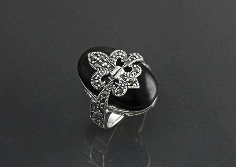 Fleur de Lys Ring, Silver 925, Marcasite Ring, Real Black Onyx, French Vintage Jewelry, Lis Petals Symbol of Purity, Innocence and Virginity