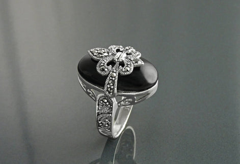 Fleur de Lys Ring, Silver 925, Marcasite Ring, Real Black Onyx, French Vintage Jewelry, Lis Petals Symbol of Purity, Innocence and Virginity
