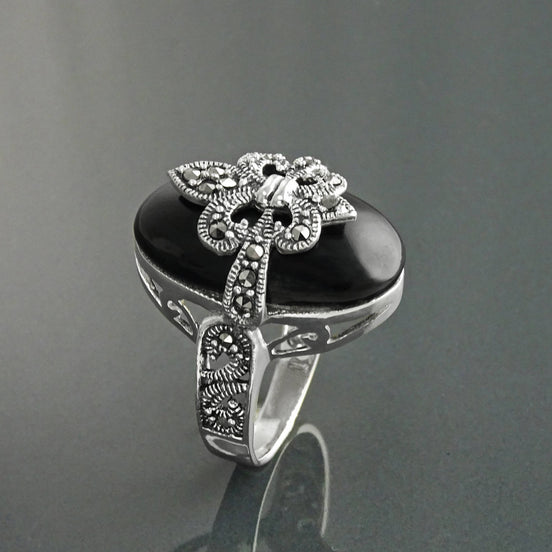 Fleur de Lys Ring, Silver 925, Marcasite Ring, Real Black Onyx, French Vintage Jewelry, Lis Petals Symbol of Purity, Innocence and Virginity