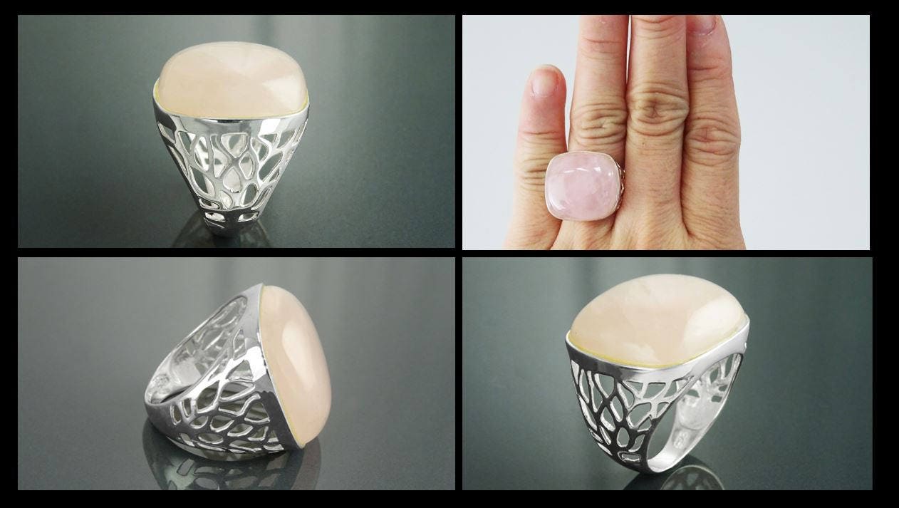 Pink Square Ring, Sterling Silver, NATURAL Rose Quartz Stone, Modern Statement Crystal Gemstone Ring, Bold Filigree Design Jewelry, Gift