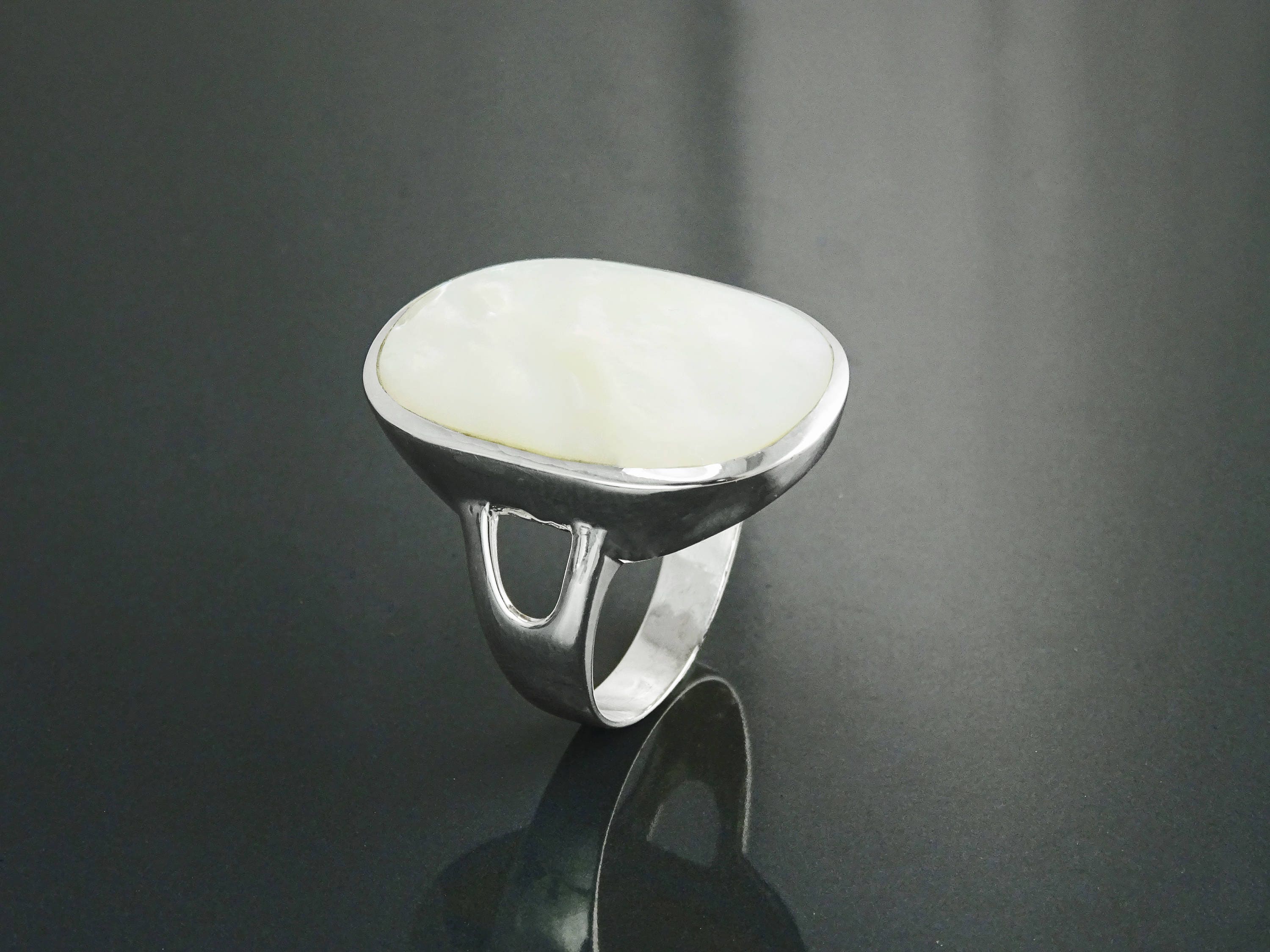 Oval White Ring, Sterling Silver, GENUINE Mother of Pearl Shell, Flat Oval Stone, Statement Modern Rectangle Ring, Original Design Jewelry