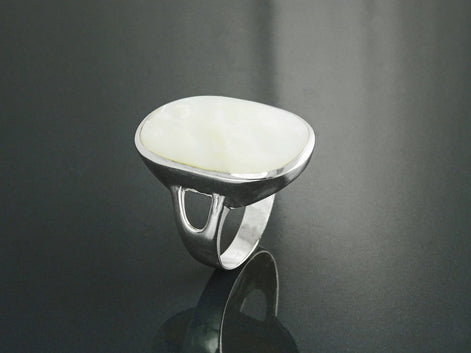 Oval White Ring, Sterling Silver, GENUINE Mother of Pearl Shell, Flat Oval Stone, Statement Modern Rectangle Ring, Original Design Jewelry