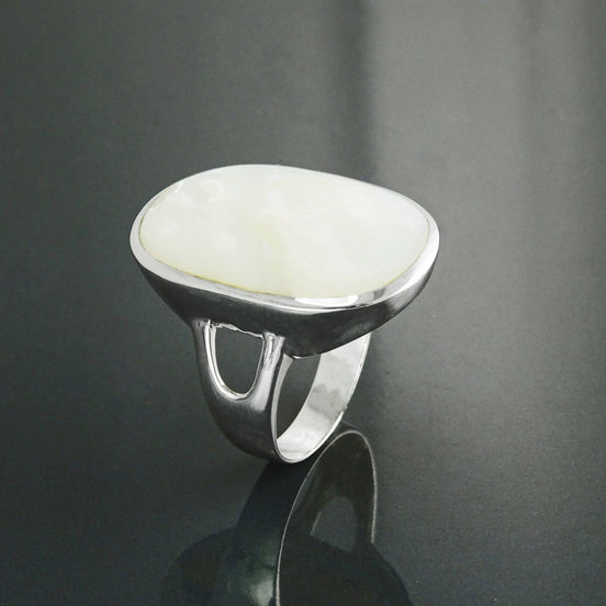 Oval White Ring, Sterling Silver, GENUINE Mother of Pearl Shell, Flat Oval Stone, Statement Modern Rectangle Ring, Original Design Jewelry