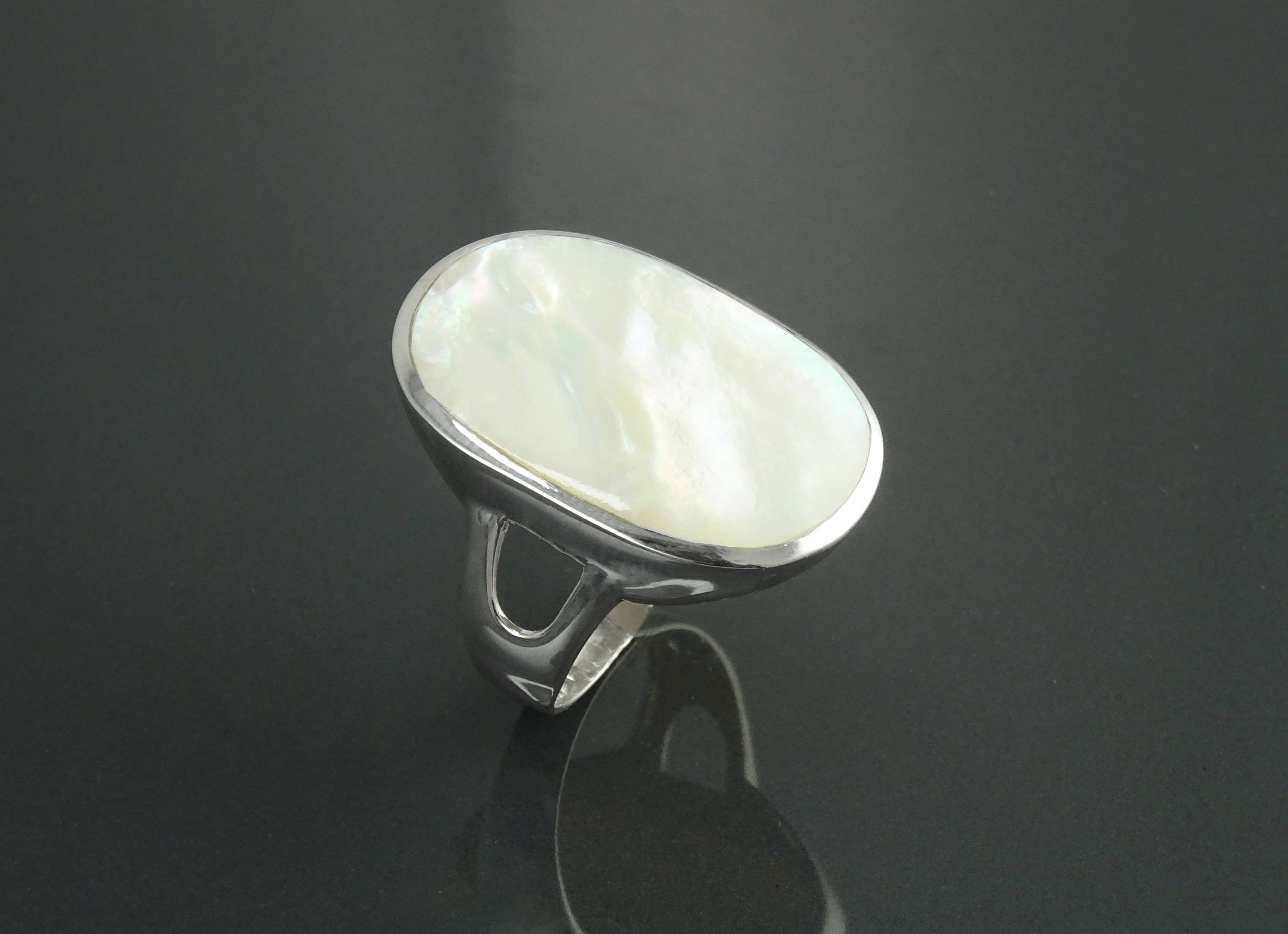 Oval White Ring, Sterling Silver, GENUINE Mother of Pearl Shell, Flat Oval Stone, Statement Modern Rectangle Ring, Original Design Jewelry