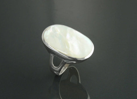 Oval White Ring, Sterling Silver, GENUINE Mother of Pearl Shell, Flat Oval Stone, Statement Modern Rectangle Ring, Original Design Jewelry
