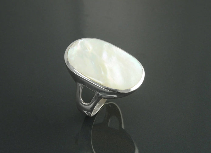 Oval White Ring, Sterling Silver, GENUINE Mother of Pearl Shell, Flat Oval Stone, Statement Modern Rectangle Ring, Original Design Jewelry