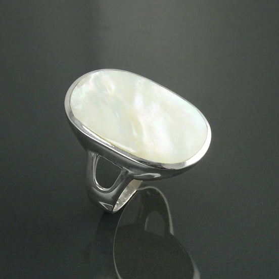 Oval White Ring, Sterling Silver, GENUINE Mother of Pearl Shell, Flat Oval Stone, Statement Modern Rectangle Ring, Original Design Jewelry