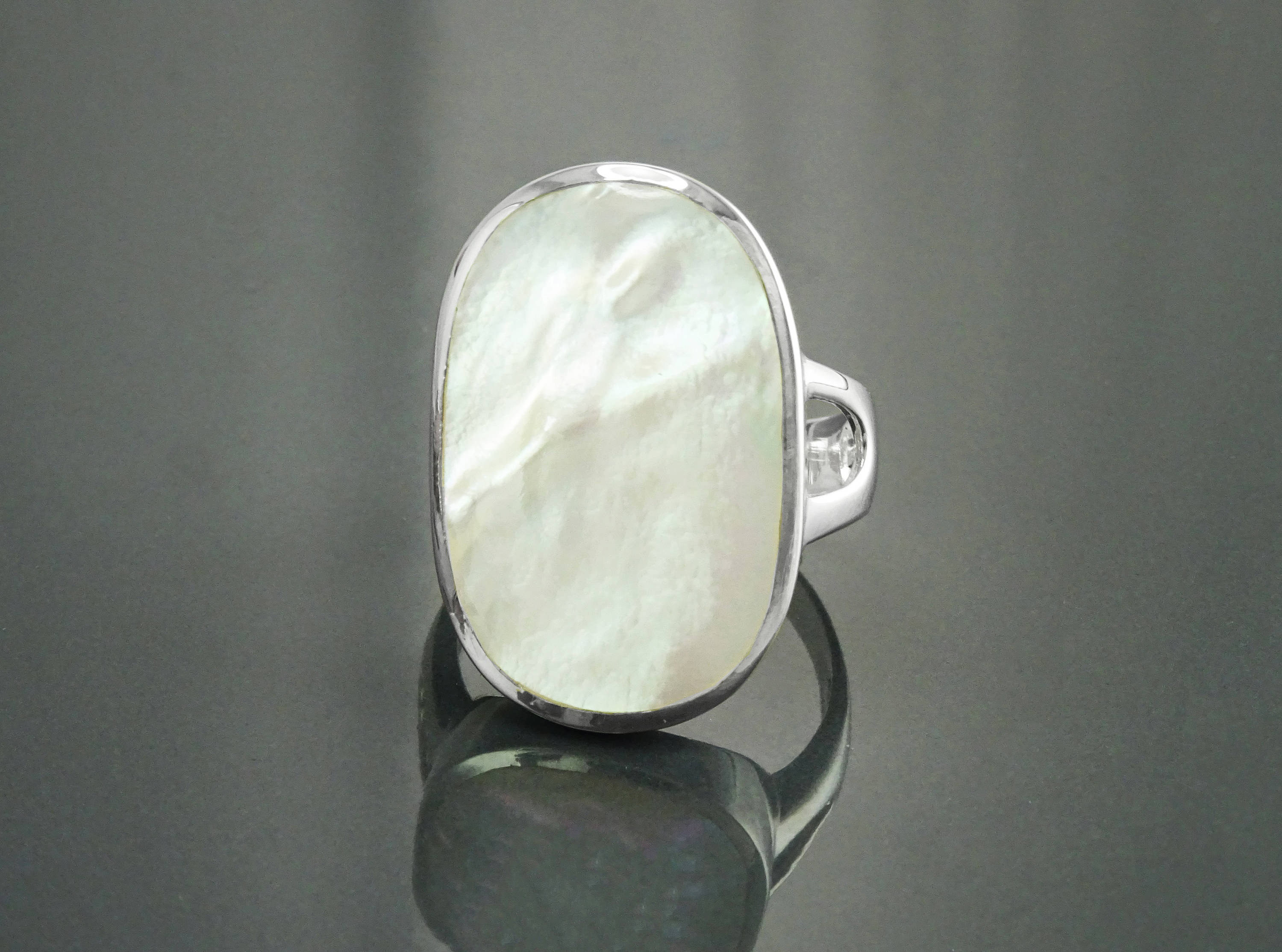 Oval White Ring, Sterling Silver, GENUINE Mother of Pearl Shell, Flat Oval Stone, Statement Modern Rectangle Ring, Original Design Jewelry