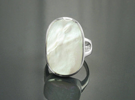 Oval White Ring, Sterling Silver, GENUINE Mother of Pearl Shell, Flat Oval Stone, Statement Modern Rectangle Ring, Original Design Jewelry