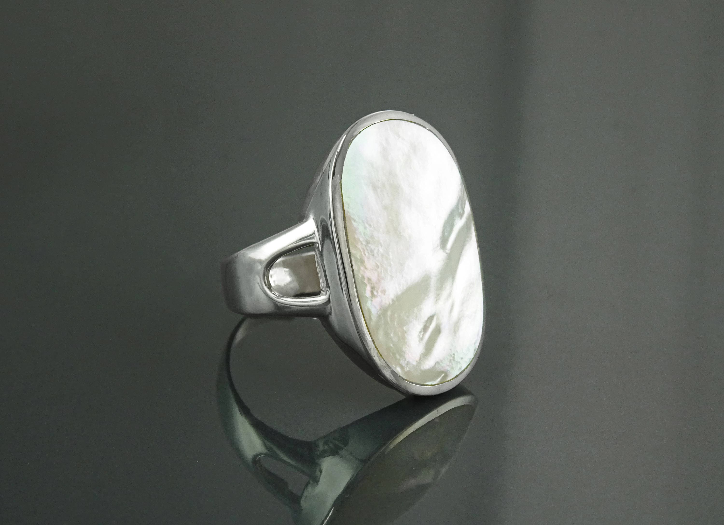 Oval White Ring, Sterling Silver, GENUINE Mother of Pearl Shell, Flat Oval Stone, Statement Modern Rectangle Ring, Original Design Jewelry