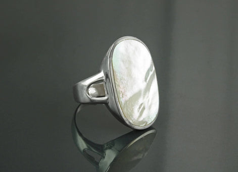 Oval White Ring, Sterling Silver, GENUINE Mother of Pearl Shell, Flat Oval Stone, Statement Modern Rectangle Ring, Original Design Jewelry