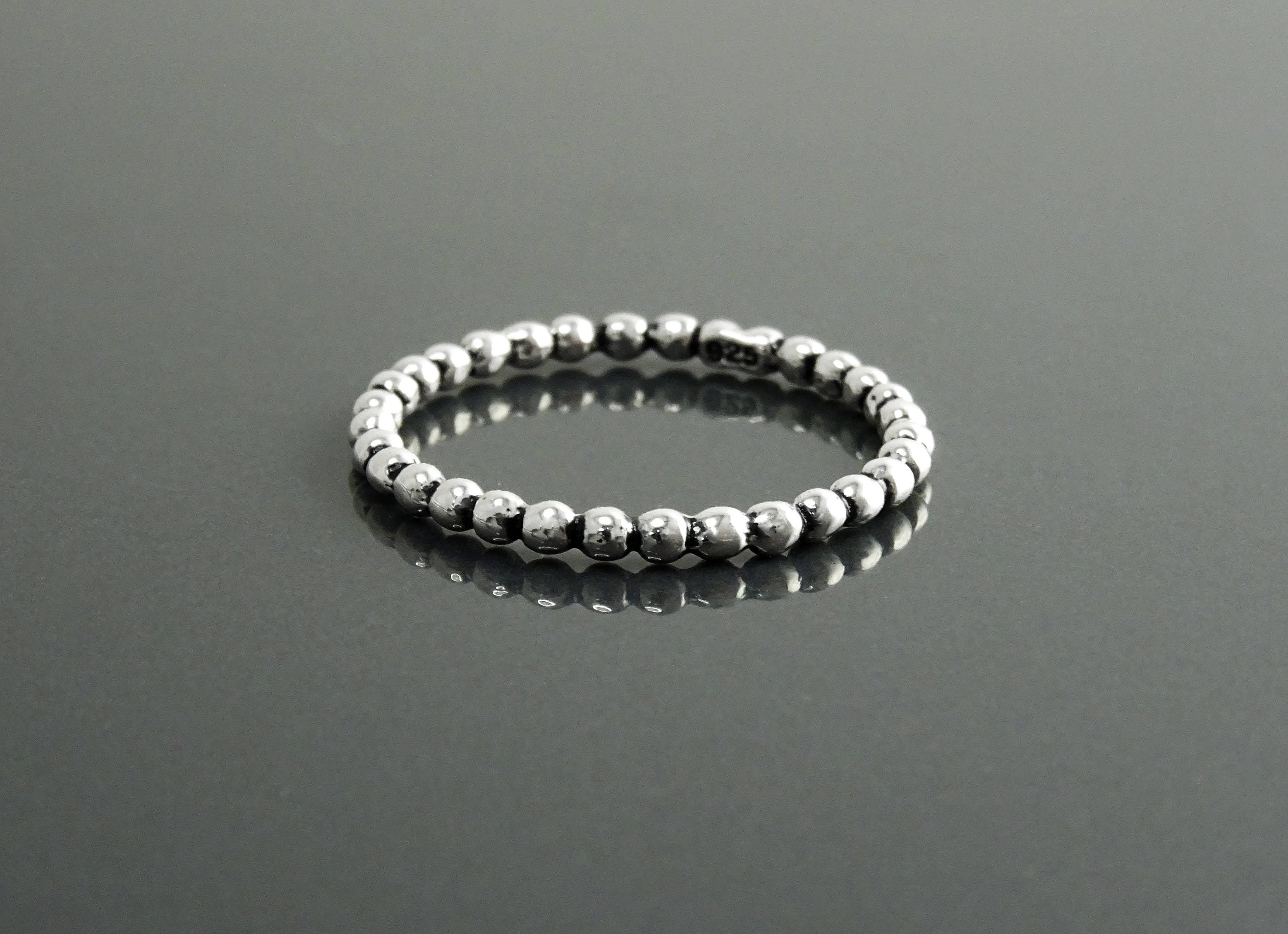 Sterling Silver Beaded Band Ring, Dainty Minimalist Stackable, Shiny Polished Finish