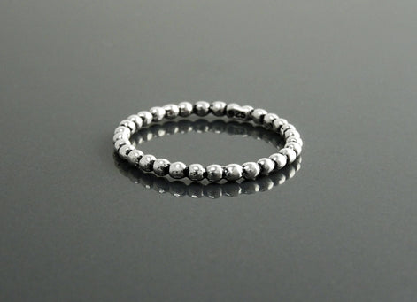 Sterling Silver Beaded Band Ring, Dainty Minimalist Stackable, Shiny Polished Finish