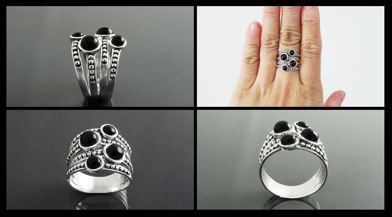 Onyx Multi Band Ring • Sterling Silver • Boho Black Stone Jewelry • Statement Antique Style gift for Her