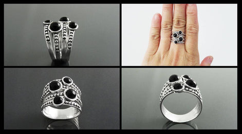 Onyx Multi Band Ring • Sterling Silver • Boho Black Stone Jewelry • Statement Antique Style gift for Her