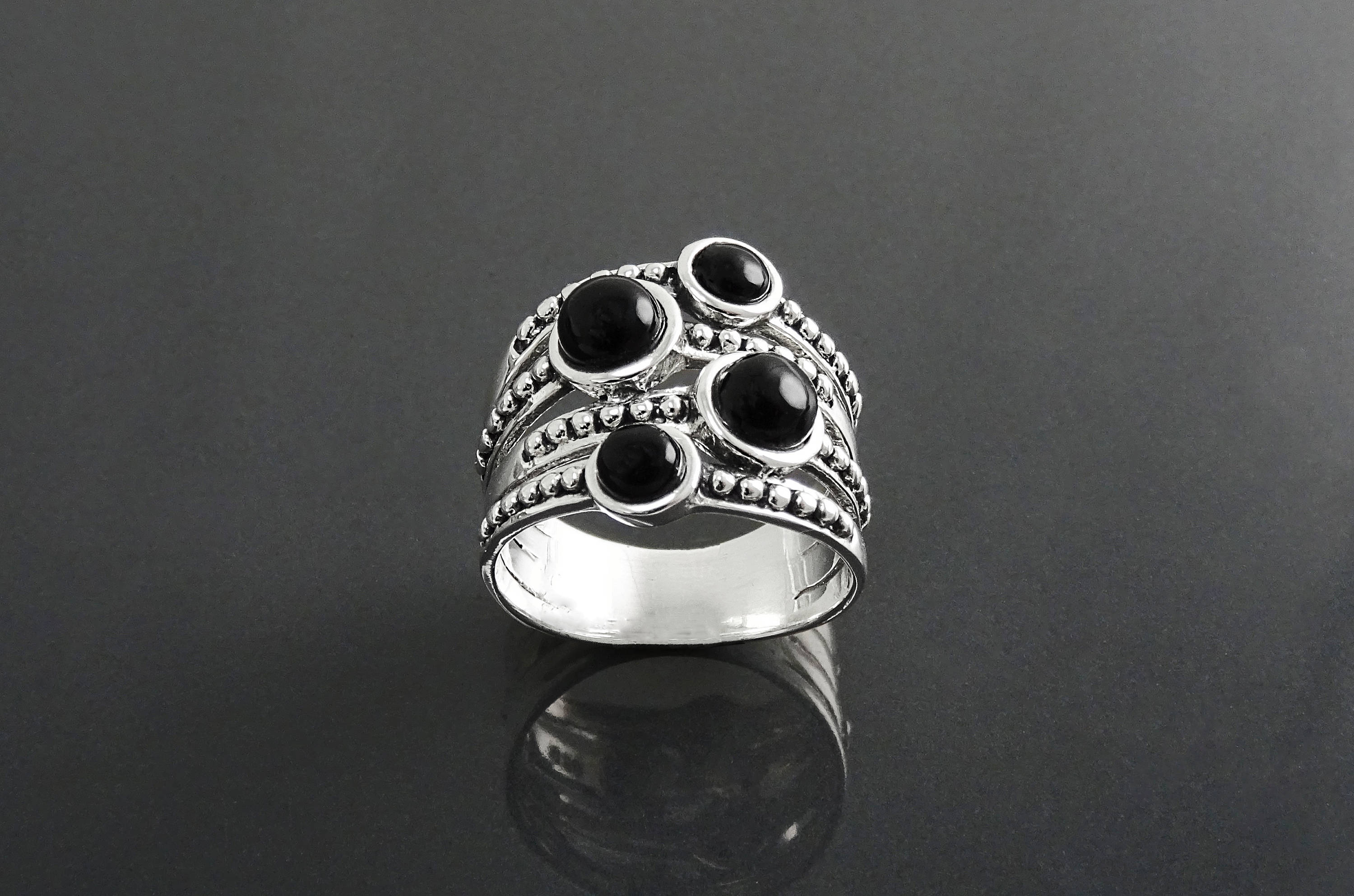 Onyx Multi Band Ring • Sterling Silver • Boho Black Stone Jewelry • Statement Antique Style gift for Her