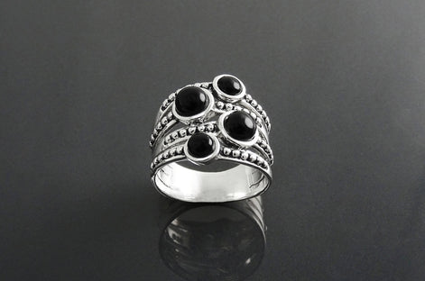 Onyx Multi Band Ring • Sterling Silver • Boho Black Stone Jewelry • Statement Antique Style gift for Her