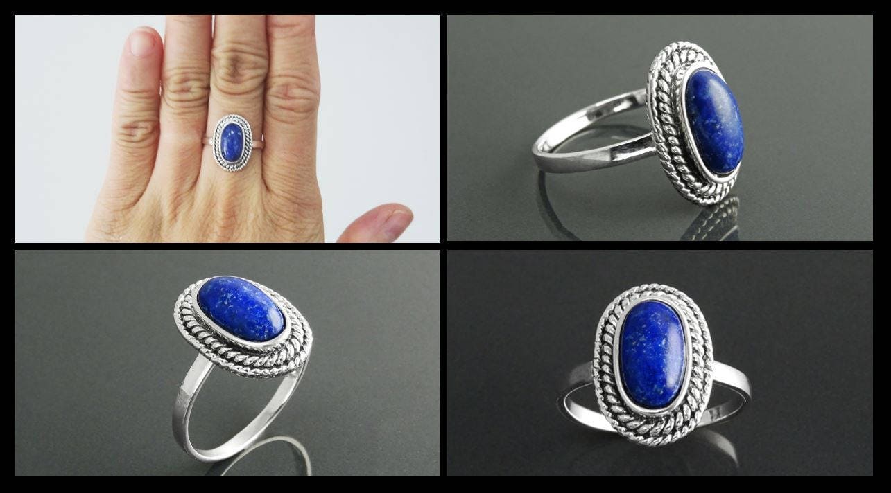 Lapis Lazuli Sterling Silver Ring, Boho Rope Border Antique Jewelry