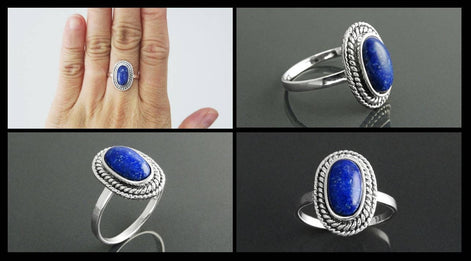 Lapis Lazuli Sterling Silver Ring, Boho Rope Border Antique Jewelry