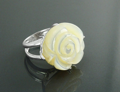 Rose Flower Ring, Sterling Silver, Hand Engraved stone, Mother of Pearl, Hand cut Rose Ring, Unique Floral Ring, Romantic Flower Ring, MOP